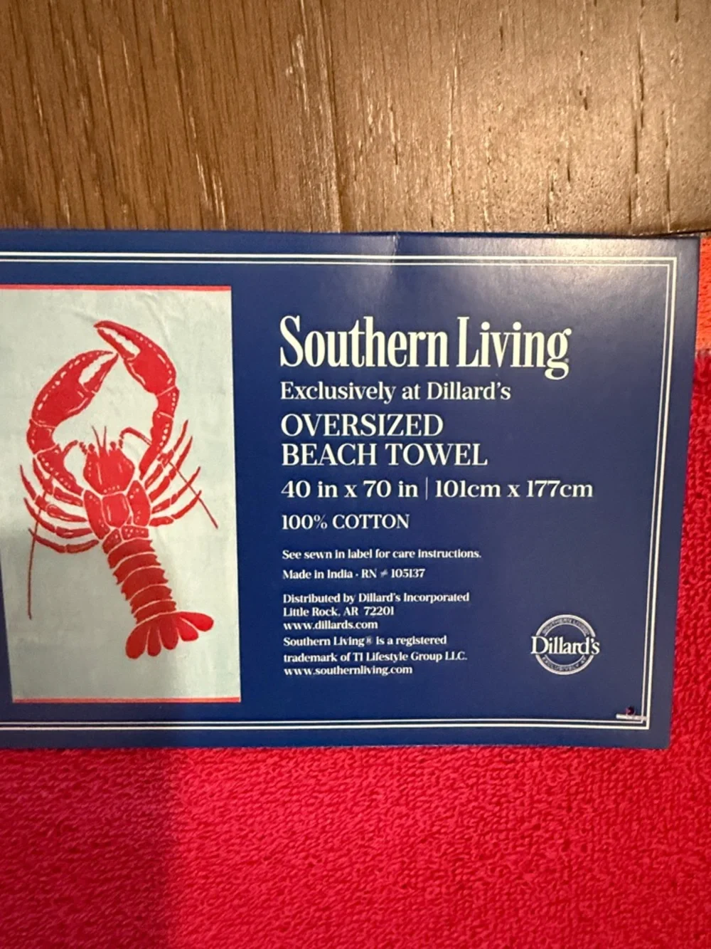 Southern Living Red Lobster Print on Light Blue Oversized Beach Towel 40x70